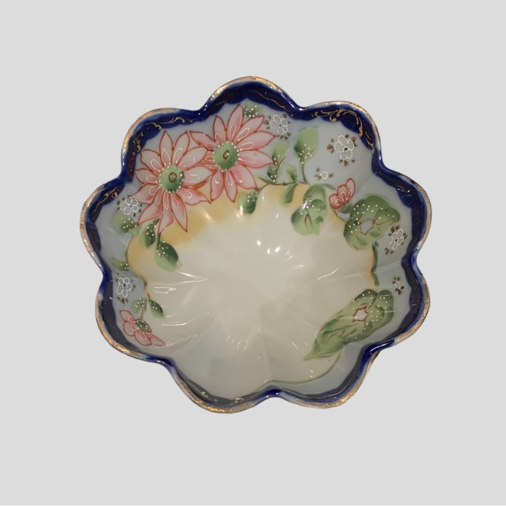 Vintage Nippon Footed China Bowl Hand Painted Floral W White & Gold Accents